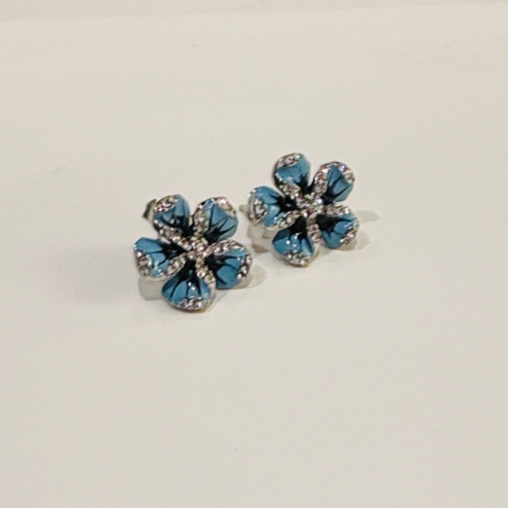 NEW 925 Silver Plated Blue Flower Stud Statement Earrings, Crystal Cubic Zircon - Picture 7 of 8